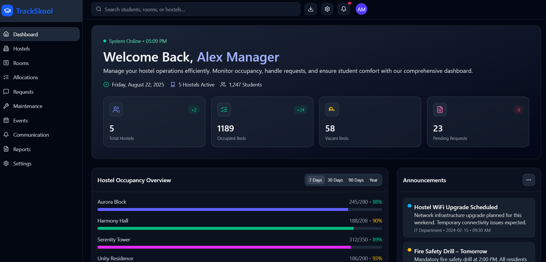 Hostel Manager Dashboard